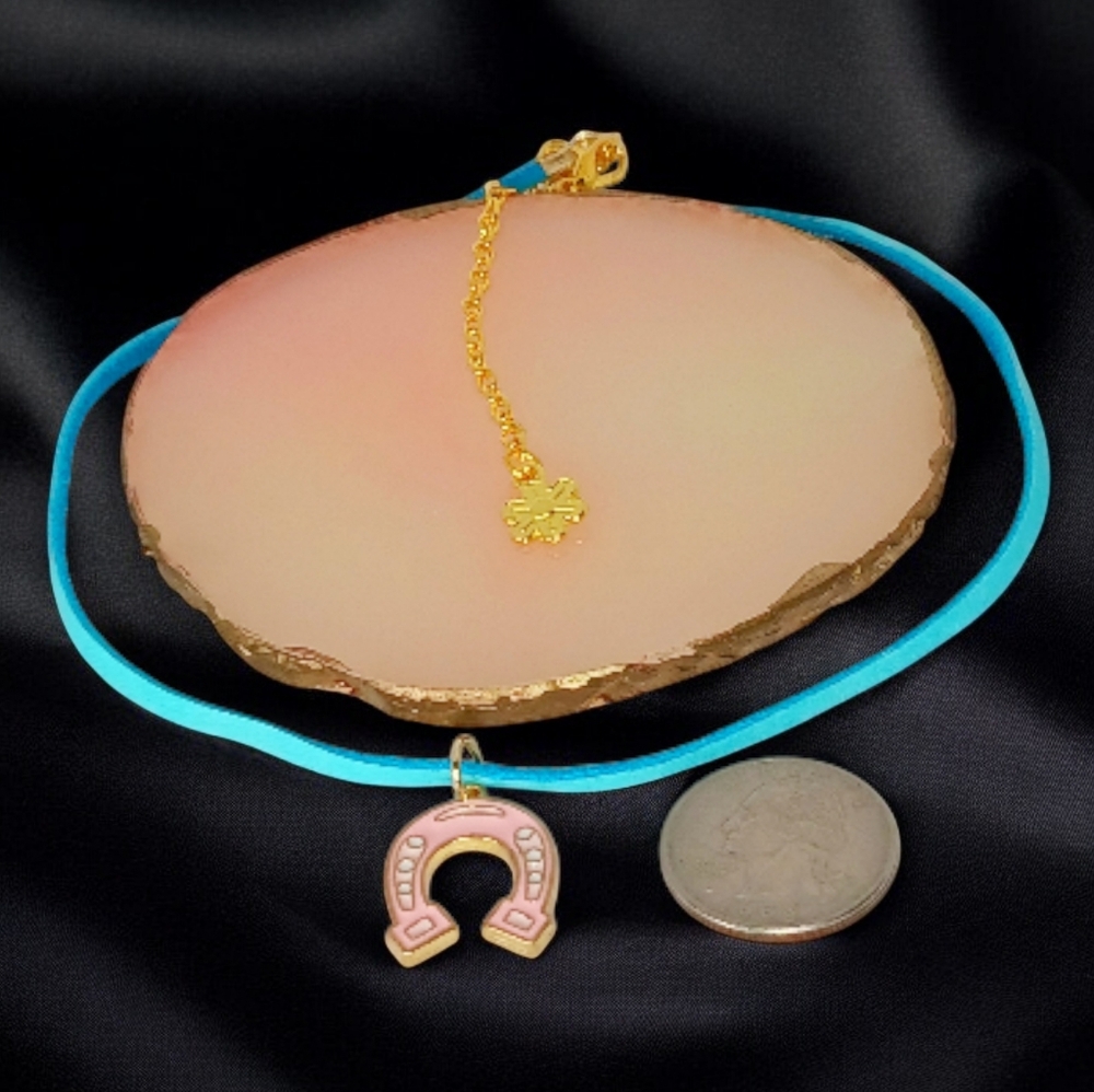 Pink Horseshoe Charm Choker Necklace Turquoise Leather New Age Grunge Coastal - Picture 5 of 11